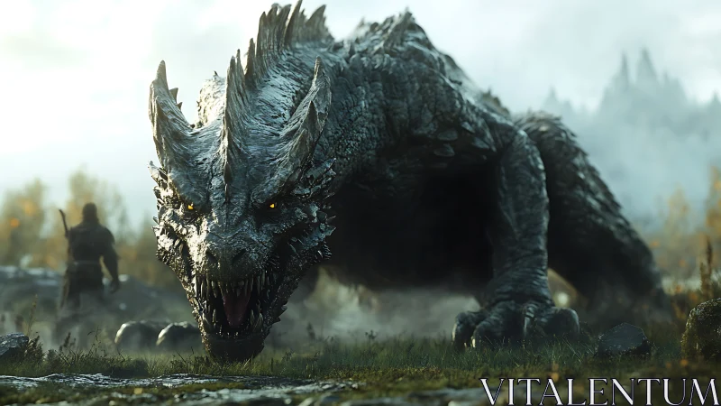 Colossal dragon lunges toward warrior in misty valley.