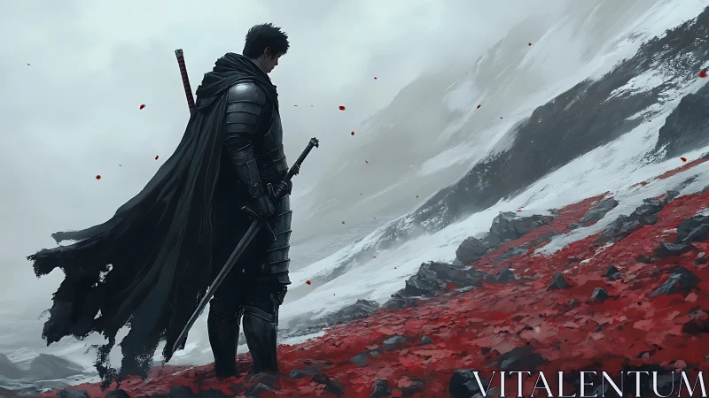 Lone armored warrior overlooking crimson tundra slope.