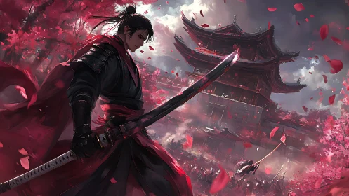 Samurai duel rendered amid crimson sakura storm and tiered pagoda