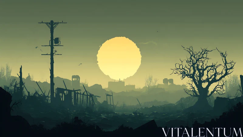 Post-apocalyptic ruins glow under a vast toxic sun.
