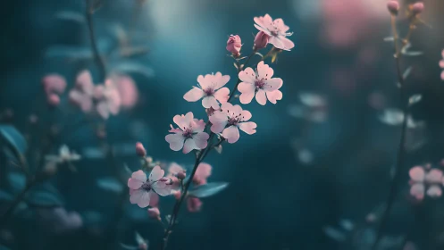 Pink flowers bloom under teal atmospheric light.