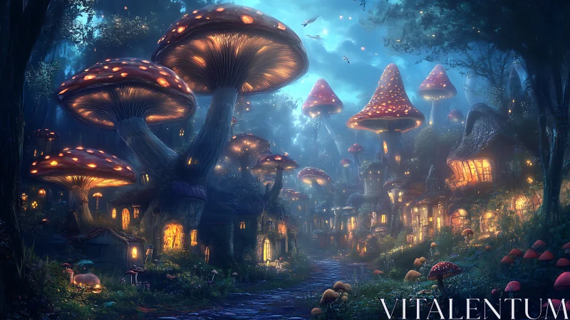 Enchanted mushroom village under glowing moonlit forest sky.