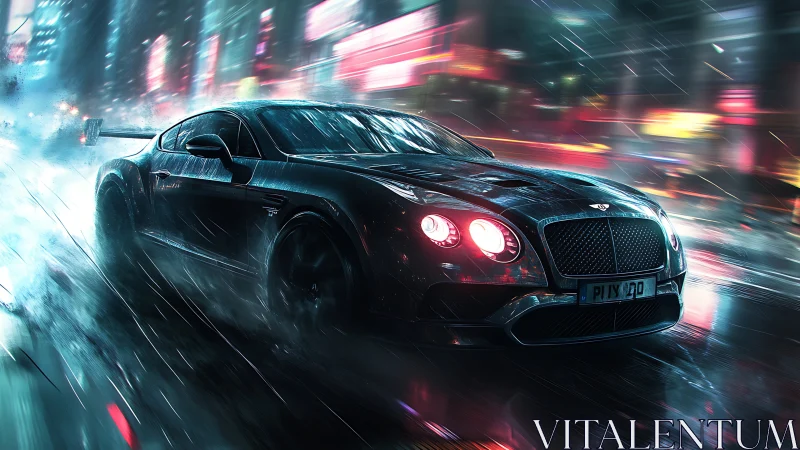 Black sports coupe speeds through wet neon city street at night