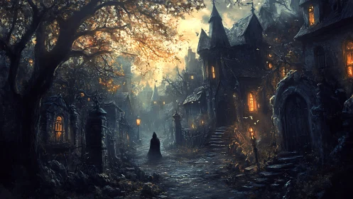 Cloaked wanderer walks through eerie lantern‑lit village.
