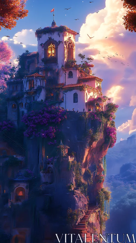 Enchanted Castle Glows Among Clouds and Flowering Vines