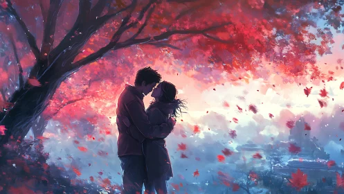Two Figures Embracing Under Luminous Crimson Foliage