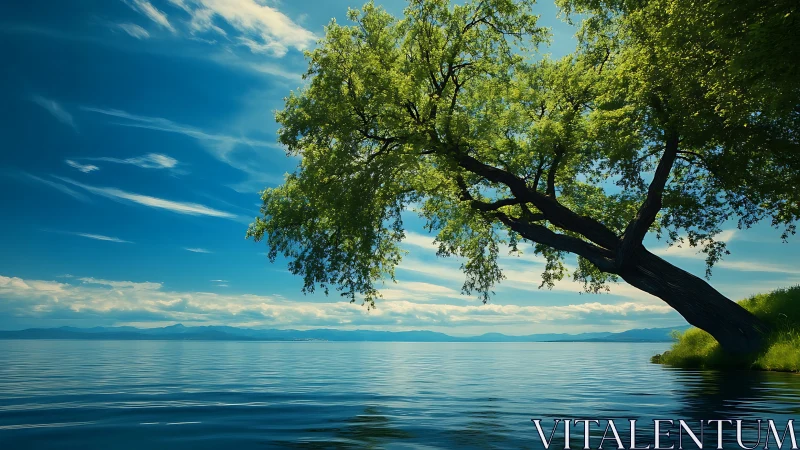 Tranquil lakeside scene with leaning tree under vibrant sky.
