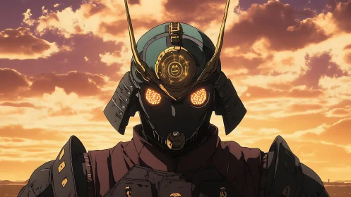 Samurai styled robotic figure stands under an evening sky