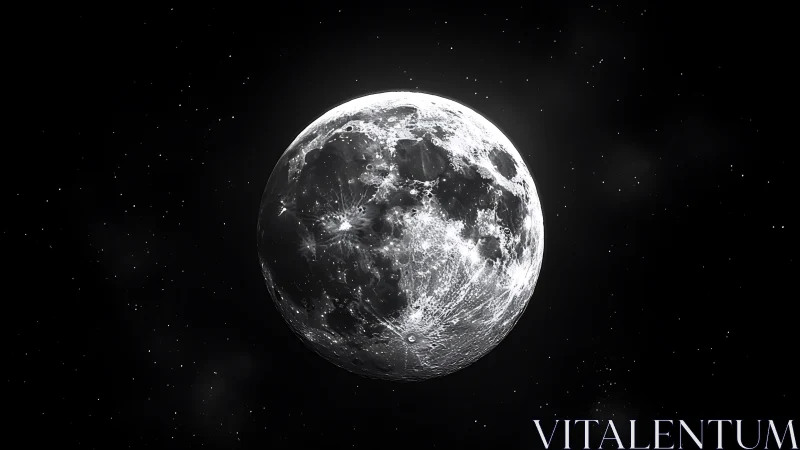 Luminous full moon glows sharply against a deep starfield