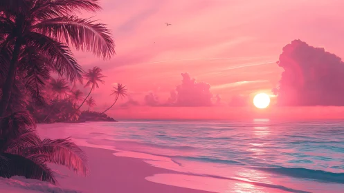Neon tropical shoreline at dusk in stylized digital painting.
