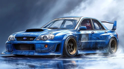 Blue rally car poised in swirling misty light and motion.