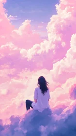 Girl sits above pastel clouds in a tranquil dream sky