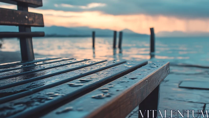 Quiet lakeside bench after rain beneath soft evening sky.