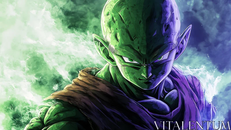 Intense green warrior rendered in high-contrast anime shading glow