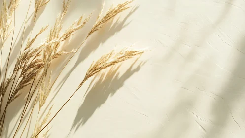 Dried reed stems casting soft shadows on textured cream wall.