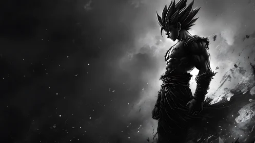 Monochrome warrior silhouette in dynamic atmospheric contrast.