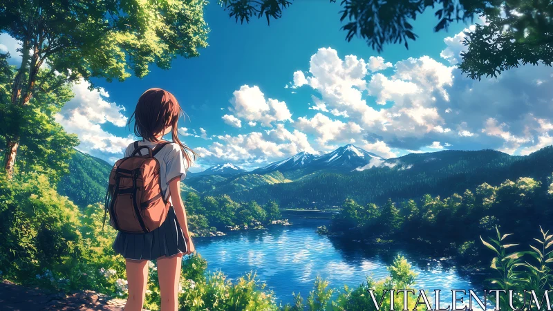 Girl with backpack quietly admires a sunlit mountain lake view