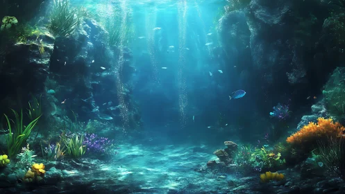 Underwater rocky seafloor shows fish, corals and light rays