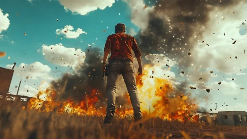 Lone gunman strides toward blazing cinematic explosion backdrop.