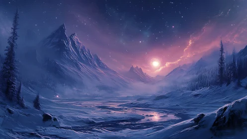 Snowy mountain valley shows luminous sky and frozen river