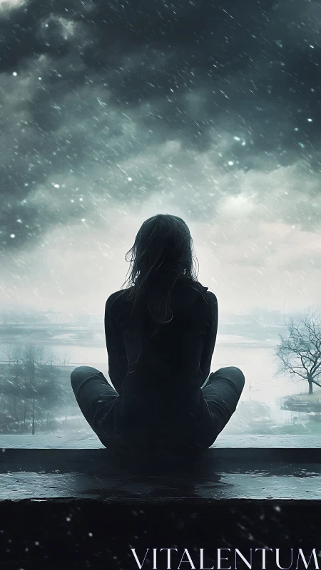 Silhouetted figure observes stormy lakeside through driving rain