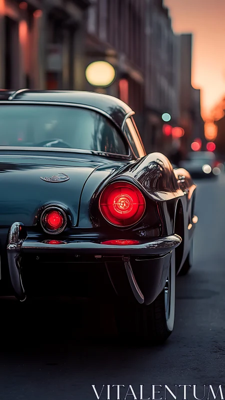 Classic black coupe glows under soft urban dusk light.