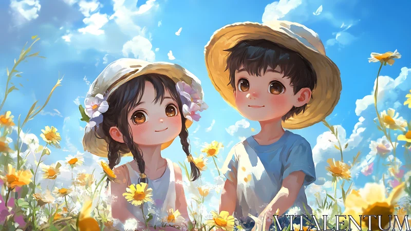 Anime children in sunny daisy field under bright blue sky.