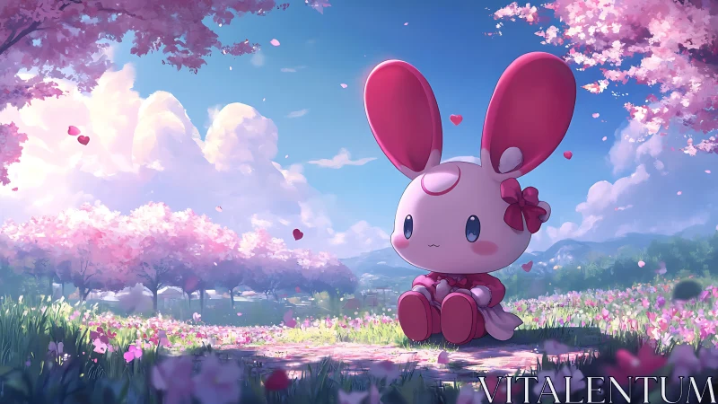 Pastel bunny mascot resting under luminous cherry blossoms.