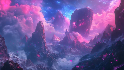Volumetric nebula sky over crystalline alien mountainscape glows
