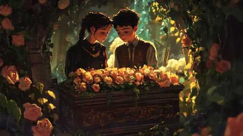 Tender garden farewell shared among glowing roses.