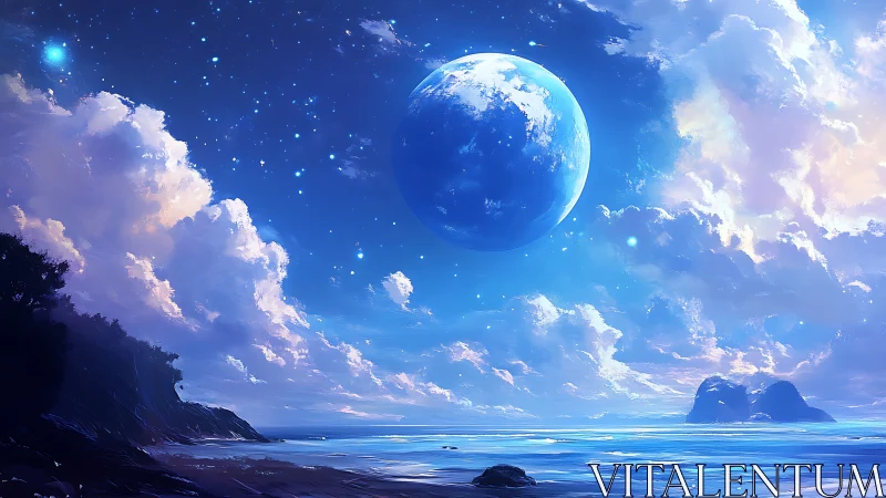 Celestial ocean horizon under luminous blue planet