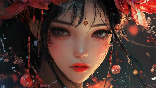 Digital portrait of stylized woman with red floral adornment.