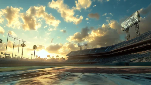 Sunlit baseball stadium under glowing clouds at sunset.