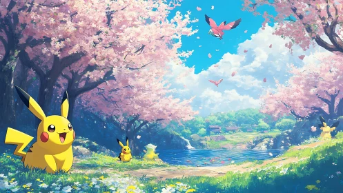 Pikachu enjoy a tranquil spring day under cherry blossoms