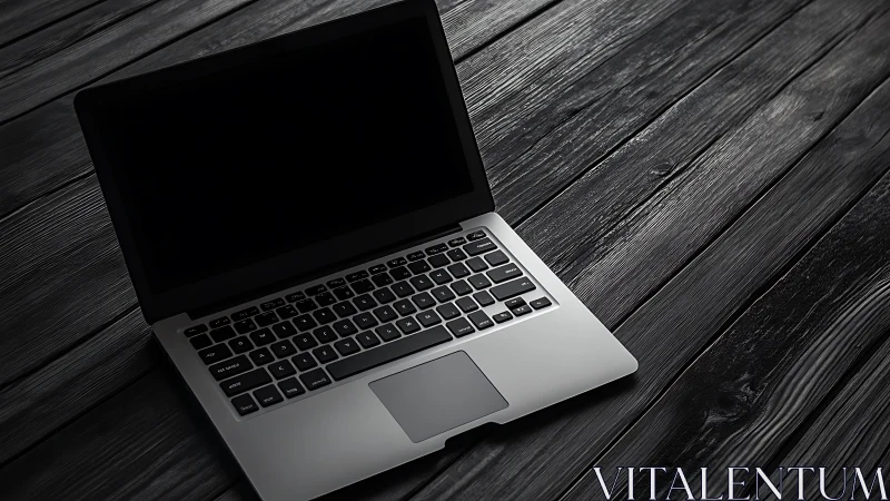 Sleek silver laptop rests on dark textured wooden desk