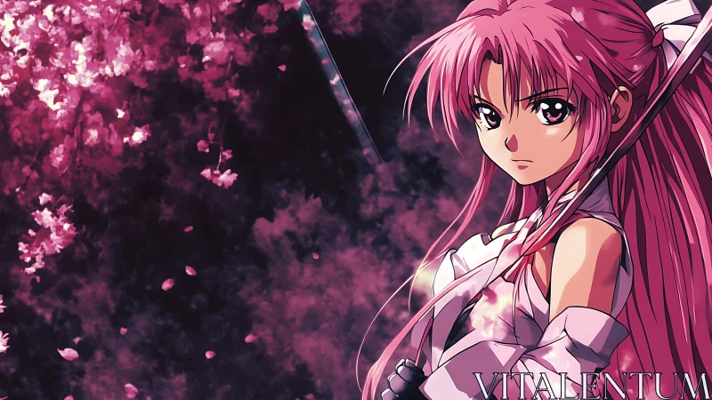 Pink haired anime swordswoman under falling cherry blossoms.