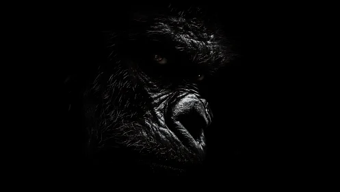 Low-key photorealistic gorilla portrait with chiaroscuro focus.