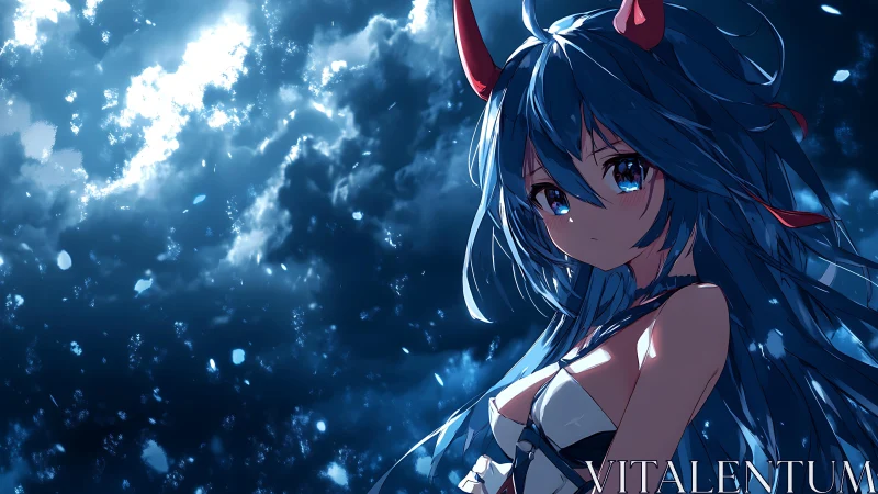 Luminous blue-haired oni girl under particulate night sky.