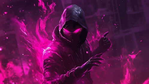 Hooded cyber rogue commands neon flames in urban haze