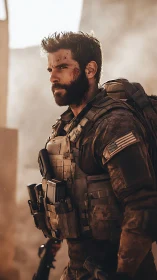 Battle-hardened soldier stands in dusty urban warzone light