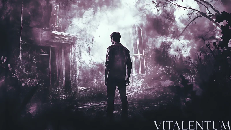 Lone man stands before eerie ruined house in foggy night.