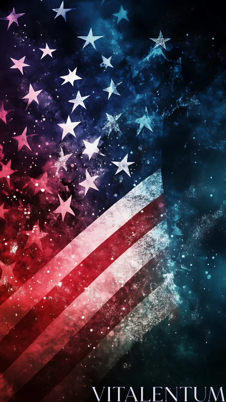 Abstract American flag dissolves into cosmic nebula field