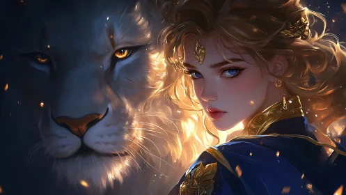 Lionfire guardian and golden-haired mage in twilight vigil.