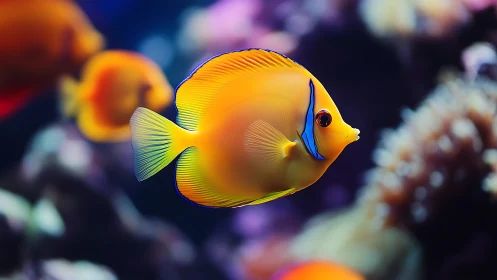 Bright yellow tang glides through soft-focus coral reef