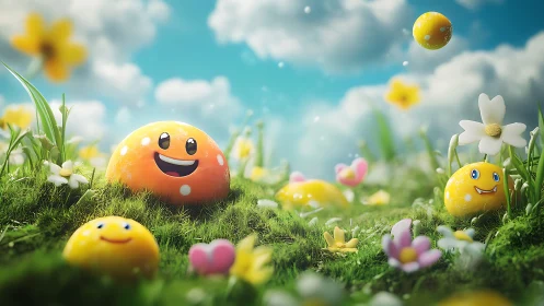 Smiling spherical characters populate a stylized grassy meadow