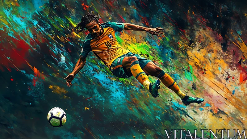 Soccer player in midair kick amid abstract color field.
