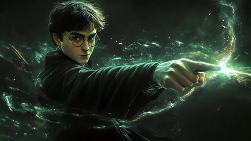 Young wizard casting glowing green magic spell effect