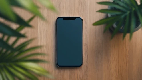 Smartphone on Wooden Surface with Botanical Framing Elements.