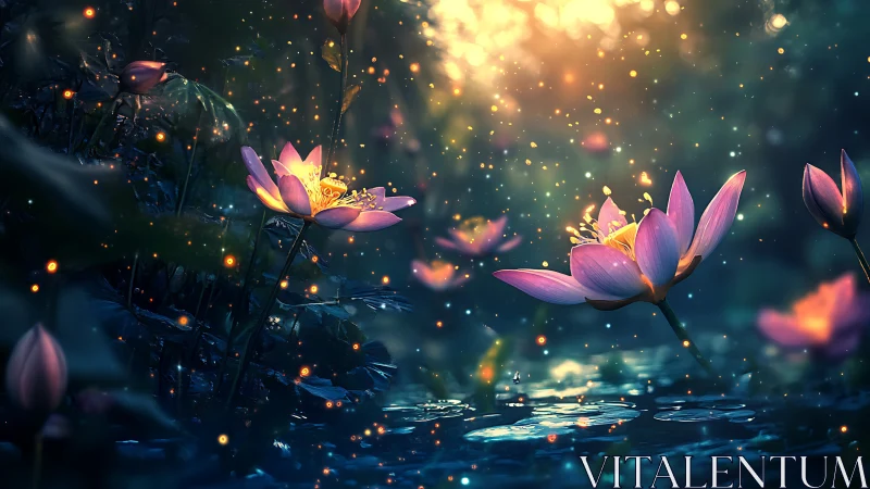 Bioluminescent lotus blossoms illuminate a mystical forest pool
