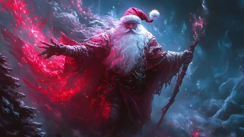 Dark winter Santa wizard wields blazing red magic staff.
